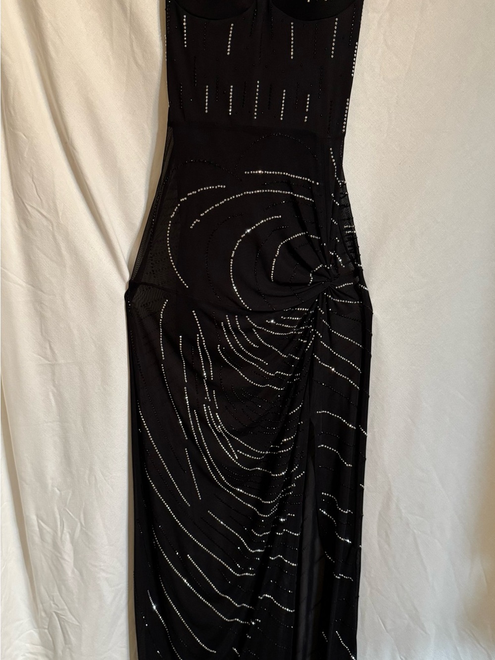 Black Strapless Maxi Dress with Silver Rhinestone Swirl